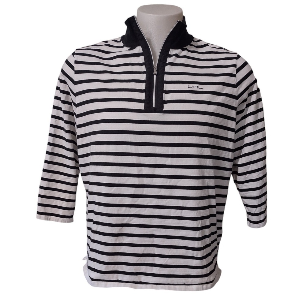 L-RL Lauren Active Ralph Lauren Women's Size L 3/4 sleeve striped shirt 1/4‎ Zip